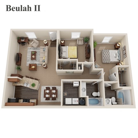 Floor plan for 2 beds, 2 baths, 1136 sqft